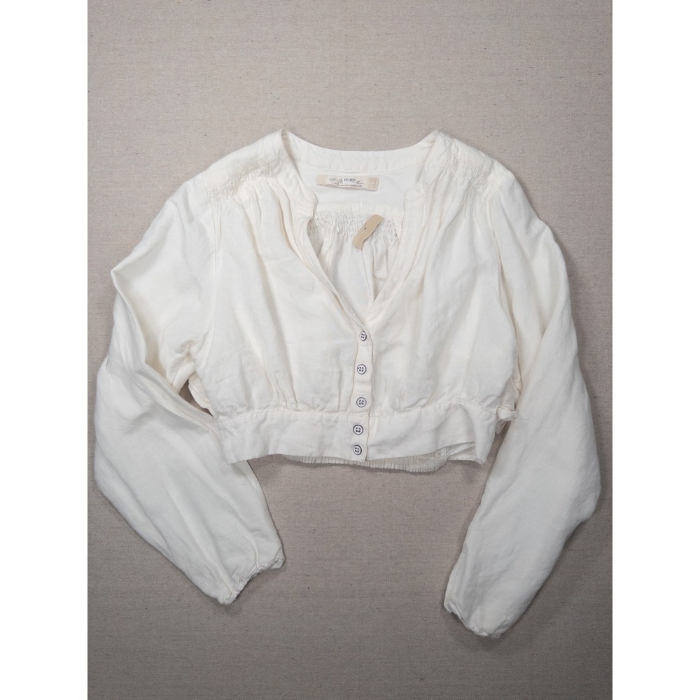 We The Free Free People White Linen Blend Button Front Crop Top Blouse XS